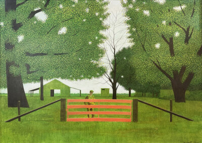 A person stands behind a bright red fence in a grassy field, surrounded by large green trees. Farm buildings and sheds are visible in the background under a cloudy sky.