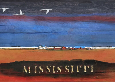 A painting of a rural landscape at dusk with a dark sky, birds flying, two dogs on reddish ground, the word MISSISSIPPI in gold in the center, and a distant farmhouse with outbuildings on the horizon.