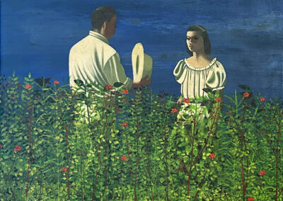 A man holding a hat faces a woman in a white blouse amidst tall green plants with red flowers, under a deep blue sky with clouds.