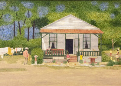 A small wooden house with a porch sits amid green trees. Children and adults stand and play outside, with laundry hanging on a clothesline to the left and various items scattered in the yard.