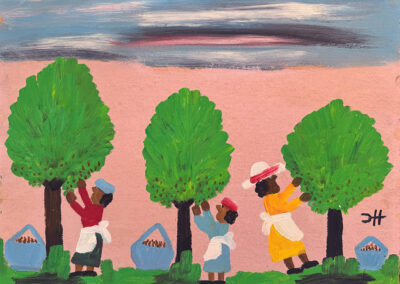 Three people in colorful clothes and hats pick fruit from green trees, each placing the harvest into large blue baskets on grass under a pink sky with streaks of gray clouds. The painting is vibrant and folk-art style.