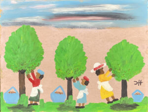 Three people with dark skin and colorful clothes pick fruit from green trees, placing it into blue baskets on the ground. The sky is streaked with clouds, and the ground is grassy. The style is folk art and the mood is lively.