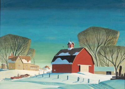 A red barn and a farmhouse sit in a snowy landscape under a deep blue sky. Leafless trees surround the buildings, and a horse-drawn sleigh travels along a snow-covered path.