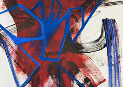 Abstract painting featuring bold red and black brushstrokes, overlaid with angular blue lines. Yellow accents appear in the top left, and the strokes create energetic movement across the white background.