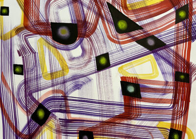 Abstract artwork featuring overlapping, colorful lines in red, yellow, and purple. Black geometric shapes with green centers are scattered throughout, creating a dynamic, energetic, and layered composition.