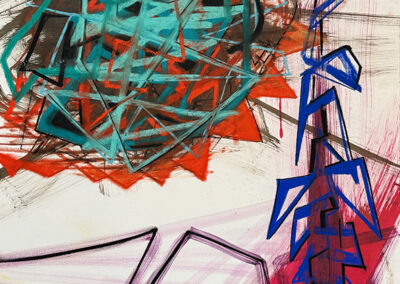 Abstract painting featuring a cluster of teal and brown jagged lines over red in the upper left, bold blue angular shapes stacked vertically on the right, and magenta zigzag lines near the bottom. The background is mostly white.