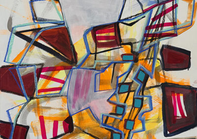 Abstract painting with bold, overlapping geometric shapes in red, yellow, blue, and white, outlined in black. Some shapes have stripes or squares. The composition is energetic and chaotic, with layered, dynamic brushstrokes.