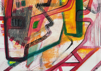 Abstract painting featuring bold, overlapping brushstrokes in red, green, yellow, and orange. Geometric and angular shapes intersect, creating dynamic movement and layered textures on a mostly white background.