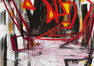 Abstract painting featuring bold black brushstrokes, vibrant red and yellow geometric lines, soft pink and purple patches, and two blue spots on a white background. The composition is dynamic and energetic.