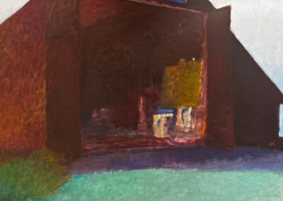 A painting of a large, dark red barn with its doors open, revealing shadowy interior shapes. The foreground is painted in shades of teal and green, suggesting grass or ground, under a pale sky.